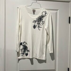 Chico’s White Long Sleeve Sweater with Black Beaded Floral Design-NWOT-Size 0